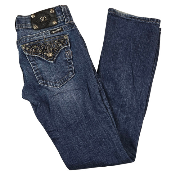 Miss Me Bootcut Jeans Size 28 Low Rise Y2K Chain Rhinestone Flap Pocket - Picture 1 of 8